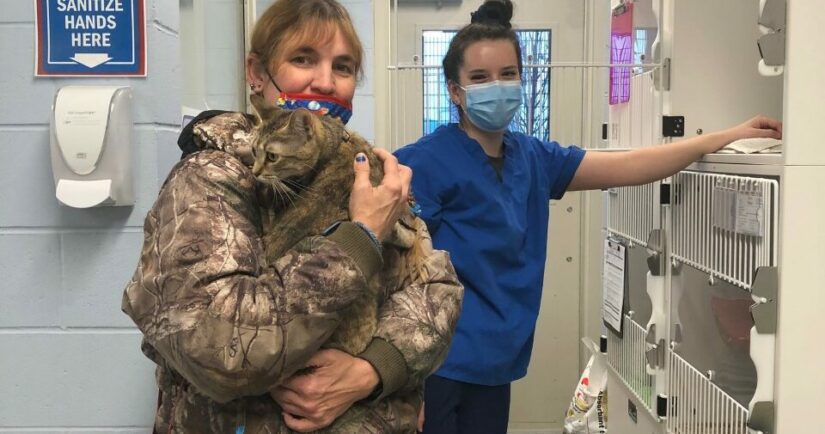 Woman at BC SPCA bringing her cat in for emergency boarding.