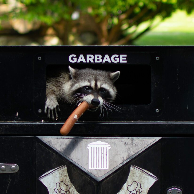 Raccoon coming out of garbage bin holding hot dog in mouth.