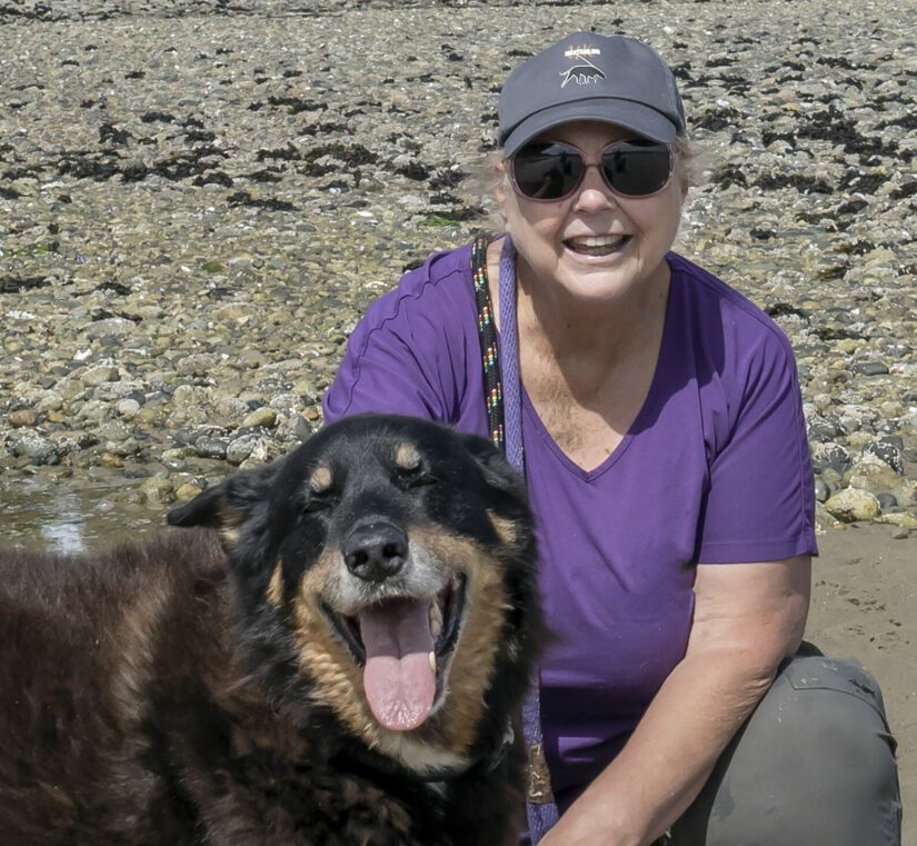 Woman with dog on the beach.