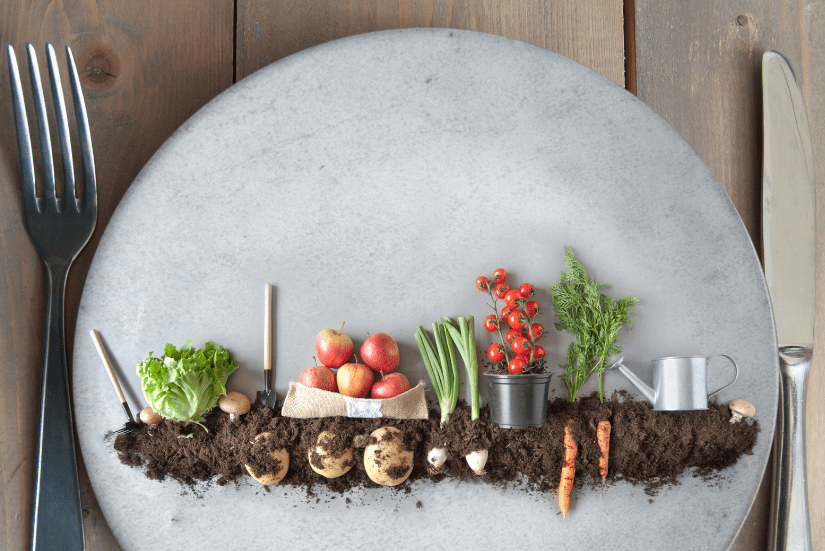 Garden of plants on a plate with fork and knife on either side.