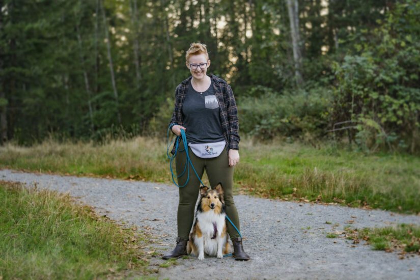 Fluff in the Forest dog-trainer: Kaeli Grotz with sheltie Freya on trail