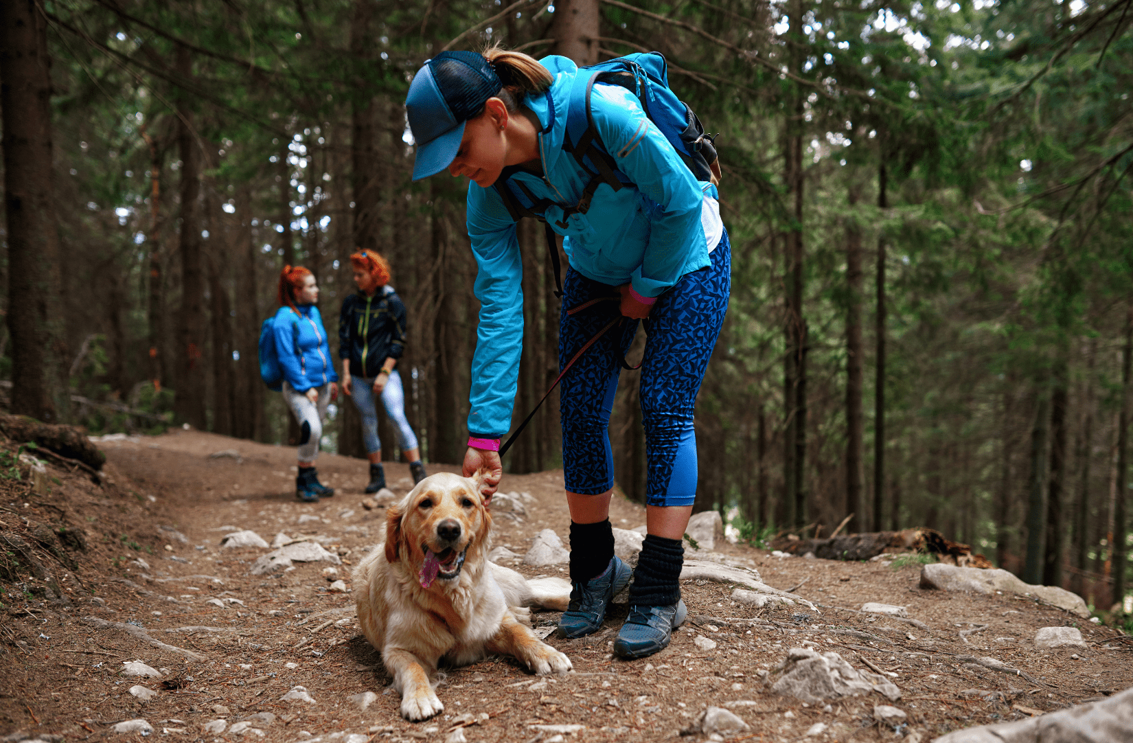 Woman on a hike leaning down to leash up golden retriever dog