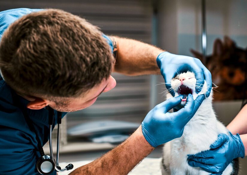 Veterinary examining cats teeth and mouth in a vet clinic