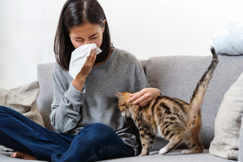 Woman at home sitting on the couch with cat, suffering from allergies.,