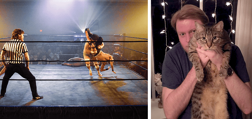 A referree in a black and white striped shirt watches two wrestlers in a small ring in the middle of a grapple while ringside fans cheer! Next to this is a photo of Scott "Big Cat" Henson holding his cat Sebastian in front of a window strung with festive fairy lights.
