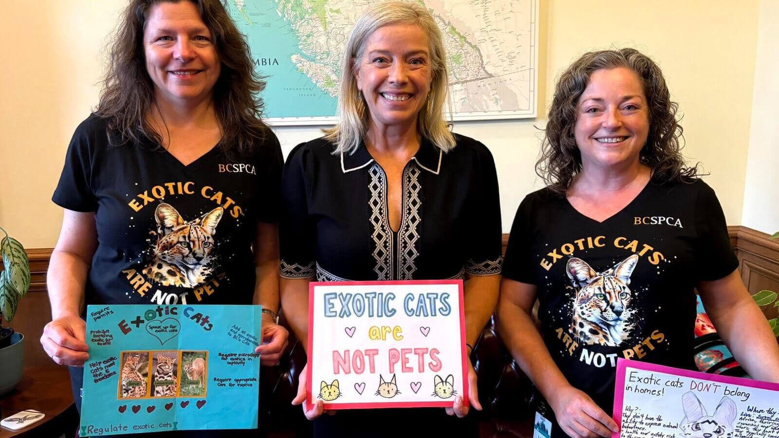 The B.C. SPCA's Sarah Herring and Dr. Andrea Wallace met with minister of water, land and resource stewardship Randene Neill (centre) to discuss the proposed ban of exotic cats in the province.