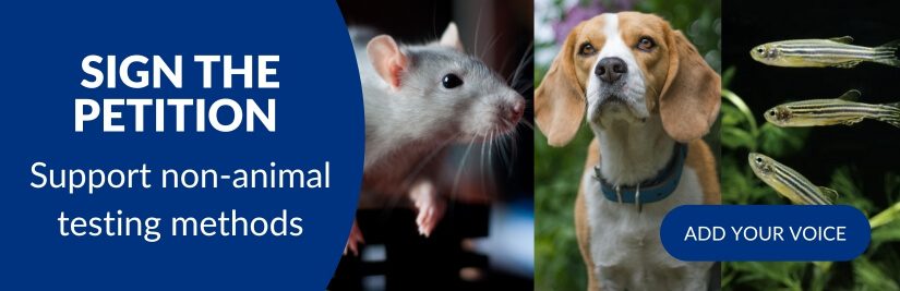 Banner that says Sign the Petition: Support Alternative Testing Methods and 3 images of an animals, a mouse, a beagle dog and fish.