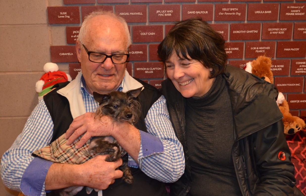 Hoss, a 17-year-old Chinese Crested, will be going home just in time for the holidays! Here, he poses with his guardians for a photo and is dressed in a tartan doggie jacket.